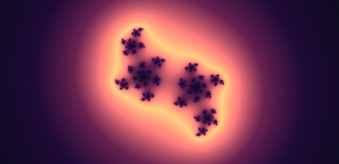 Abstract Exploding Fractal in Black & Orange - Mandelbrot fractal design divided into small sections resembling footprints, all of which are exploding from the center. Surrounded by an orange ring.