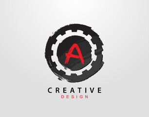 A Letter Logo With Gear and Circle Grunge Element. Retro Gear logo design template.