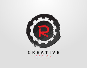 Fototapeta premium R Letter Logo With Gear and Circle Grunge Element. Retro Gear logo design template.