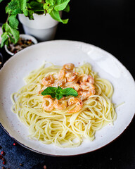 pasta shrimp spaghetti creamy seafood sauce main dish food background top view copy space for text organic healthy eating