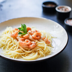 pasta shrimp spaghetti creamy seafood sauce main dish food background top view copy space for text organic healthy eating