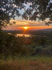 夕方、景色、Sanset, Sun,  オレンジ、Sky, Lake, 湖、Nature, View、Trees, 木々、 