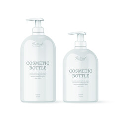 Realistic cosmetic bottles for soap or cream on white background. Cosmetic containers and tubes for cream, shampoo, gel, balsam, conditioner, soap, etc. 3d Vector Illustration