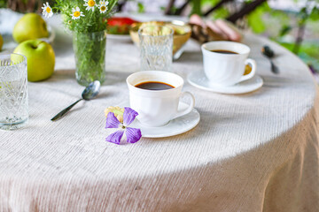 coffee and breakfast on the table tea party, coffee break outdoor food background top view copy space for text organic healthy eating