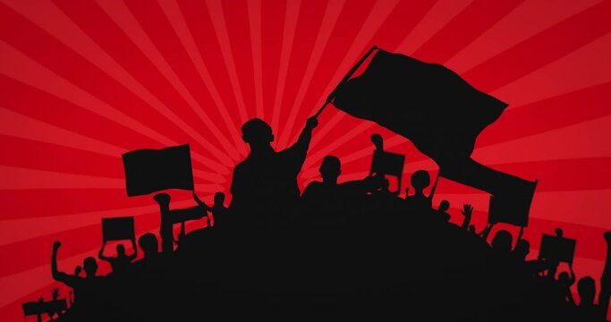 Crowd of people protesters with flags and banners raise their fists. Mob, Fans, Demonstration, Protest, Strike, Revolution, Activism patriotism. Red Background and Luma Alpha Matte. Seamless loop