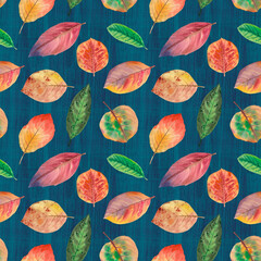 Fototapeta na wymiar Watercolor pattern autumn leaves, on a blue background. Bright autumn leaves for print, wallpaper, fabric. Colored leaves on a blue texture.