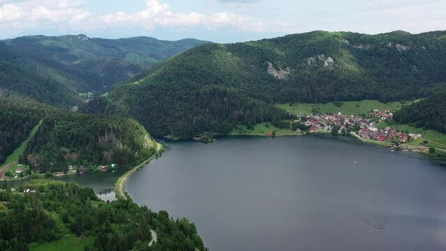 Aerial view of the Palcmanska masa water reservoir in the village of Dedinky in Slovakia