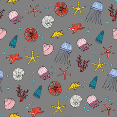 underwater world seamless pattern. Cute marine background with shells, jellyfish, starfish. Dodl style, hand-drawing. children's design, packaging. fabric, wrapper.
