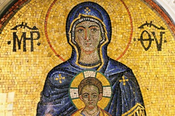 Fototapeta na wymiar Greece, Athens, July 16 2020 - Mosaic showing Virgin Mary and Jesus Christ inside a Christian orthodox church.