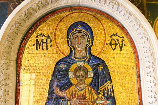 Greece, Athens, July 16 2020 - Mosaic showing Virgin Mary and Jesus Christ inside a Christian orthodox church.