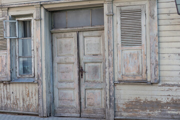 old wooden door and window in old building