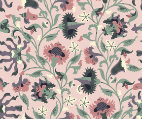 Seamless pattern with ethnic decorative flowers