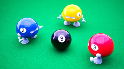 A black billiard ball surrounded by toy robots.