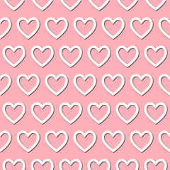 White heart on pale pink background, seamless pattern. Paper cut style with drop shadows and highligts. - 366343506