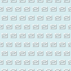 Retro white envelope, mail icon on pale blue, turquoise background, seamless pattern. Paper cut style - 366343517