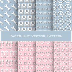 Set of paper cut seamless patterns with wrench, anchor, envelope, clock, notes, hearts, houses on blue and pink - 366343580