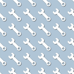 White wrench icon, tools on pale blue background, seamless pattern. Paper cut style with drop shadows and highligts. - 366343581