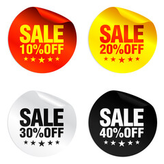 Sale colorful stickers set 10%, 20%, 30%, 40% off with stars. Vector illustration