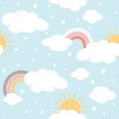 Seamless Background with Clouds and Rainbows on Blue Sky