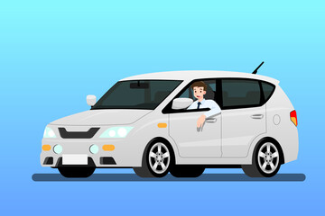 Fototapeta na wymiar Happy businessman driving a new car to work. It's easy and fast than walk. Business people drive a expensive modern white vehicle with gladness and proud. Isolated vector illustration design.