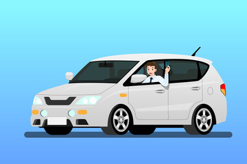 Fototapeta na wymiar Happy businessman driving a new car to work. It's easy and fast than walk. Business people drive a expensive modern white vehicle that buy from credit card. Isolated vector illustration design.