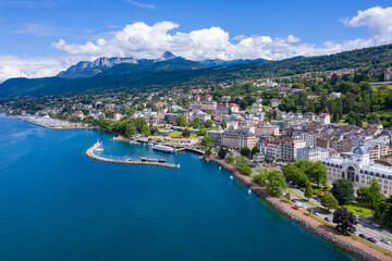 Naklejka na ściany i meble Aerial view of Evian (Evian-Les-Bains) city in Haute-Savoie in France