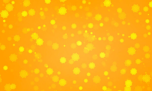 yellow bright festive winter background with snowflakes. Snowfall of ornate snowflakes.