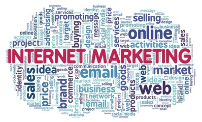 Internet marketing word cloud isolated on a white background. Tag cloud of the word internet marketing with it's associated words.