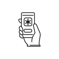 Covid disease app black line icon. Safe travel. Pictogram for web, mobile app, promo. UI UX design element.