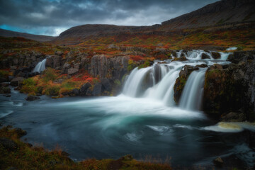 Baejarfoss waterfall near Dynjandi waterfall in The Westfjords region in north Iceland. Beautiful nature icelandic landscape
