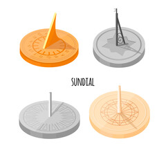 Image of a sundial. Set. Flat design. Vector illustration. Isolated on white background.