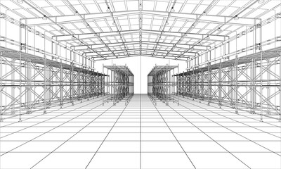 Drawing or sketch of warehouse with shelves