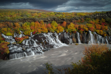 Icelandic nature landscape. Hraunfossar waterfall (series of waterfalls), West Iceland. Long exposure effect