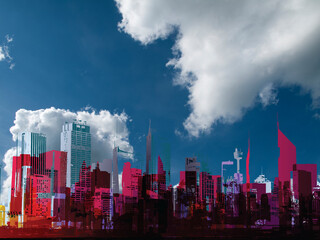 Obraz premium Generic silhouetted stylized urban city skyline set against a blue cloudy sky
