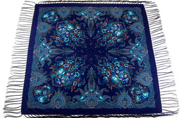 top view on flat blue cotton scarf with fringe and bright rose floral ornament