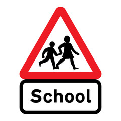School children traffic sign. Red triangle warning road sign with two school children crossing inside. School zone symbol. Beware kids crossing road. Vector illustration.
