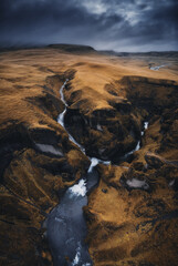 Aerial drone view of Fjadrargljufur Canyon valley in South Iceland. Icelandic nature landscape from above