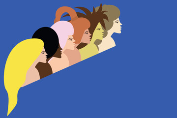 Cultural and religious equality. Girl Power banner. Friendship of Peoples. Young multi-ethnic women in profile. Fashion and beauty. Bright vector illustration in flat style.