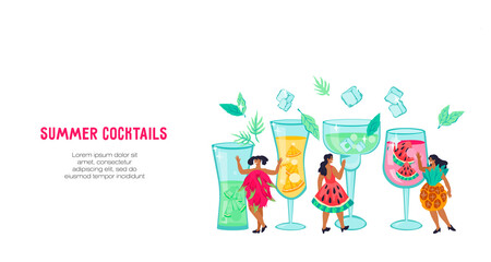 Women in creative dresses among glasses with fruit summer cocktails. Cocktail bar, beach party and summer refreshing drinks making website template flat vector illustration.