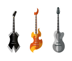 Guitar collection. Different shape acoustic and electric guitars. Isolated stylish art. Colored icons on white background. Set of different color rock guitar