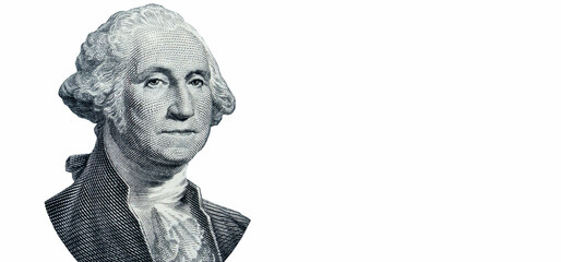Portrait of George Washington on one Dollar bill isolated on white background as symbol of...