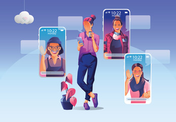 Businesswomen use Video conference landing. People on window screen taking with colleagues. Videoconferencing and online meeting workspace page, men and women learning. Vector illustration, Flat