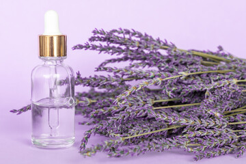 Obraz na płótnie Canvas Lavender essential oil and lavender bouquet on violet background, Dropper glass Bottle Mock-Up