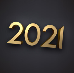 Golden metallic slanted 2021 sign on dark background.