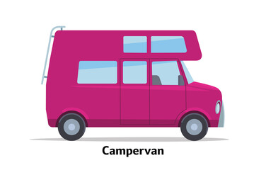 Campervan side view. Vector stock flat illustration. Raspberry cartoon, toy car. Simplified style for design and animation..