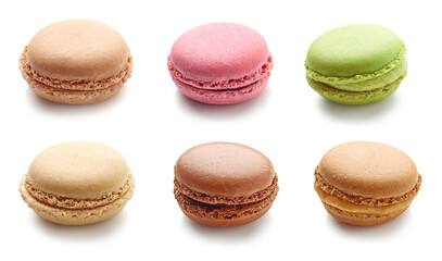 various colorful macaroons on white background