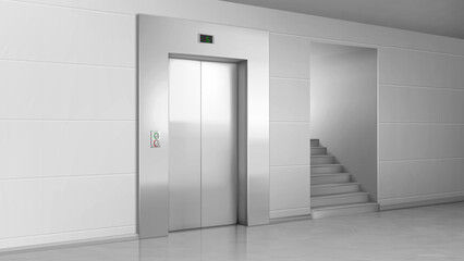 Lift door and stairs in lobby. Elevator with closed metal gates, buttons and stage number panel. Building hall empty interior, realistic 3d vector transportation and ladder in house, office or hotel © klyaksun