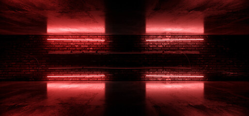 Retro Neon Cyber Laser Fluorescent Red Tube Lights Glowing On Old Club Night Dance Grunge Brick Wall Cement Concrete Floor Garage Underground Background 3D Rendering
