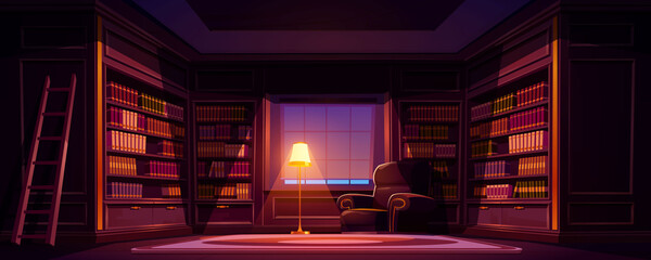 Luxury old library interior at night, dark empty room for reading with books on wooden shelves, ladder, cozy armchair, glowing floor lamp and closed window, athenaeum place Cartoon vector illustration