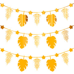 Vector summer background with garlands of flowers and palm leaves in 3 colors. Vector illustration. White background.